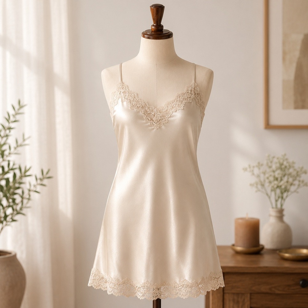NWT Cupshe Satin Chemise Nightgown Womens Large‎ Sage Green Lace Trim Sleepwear
